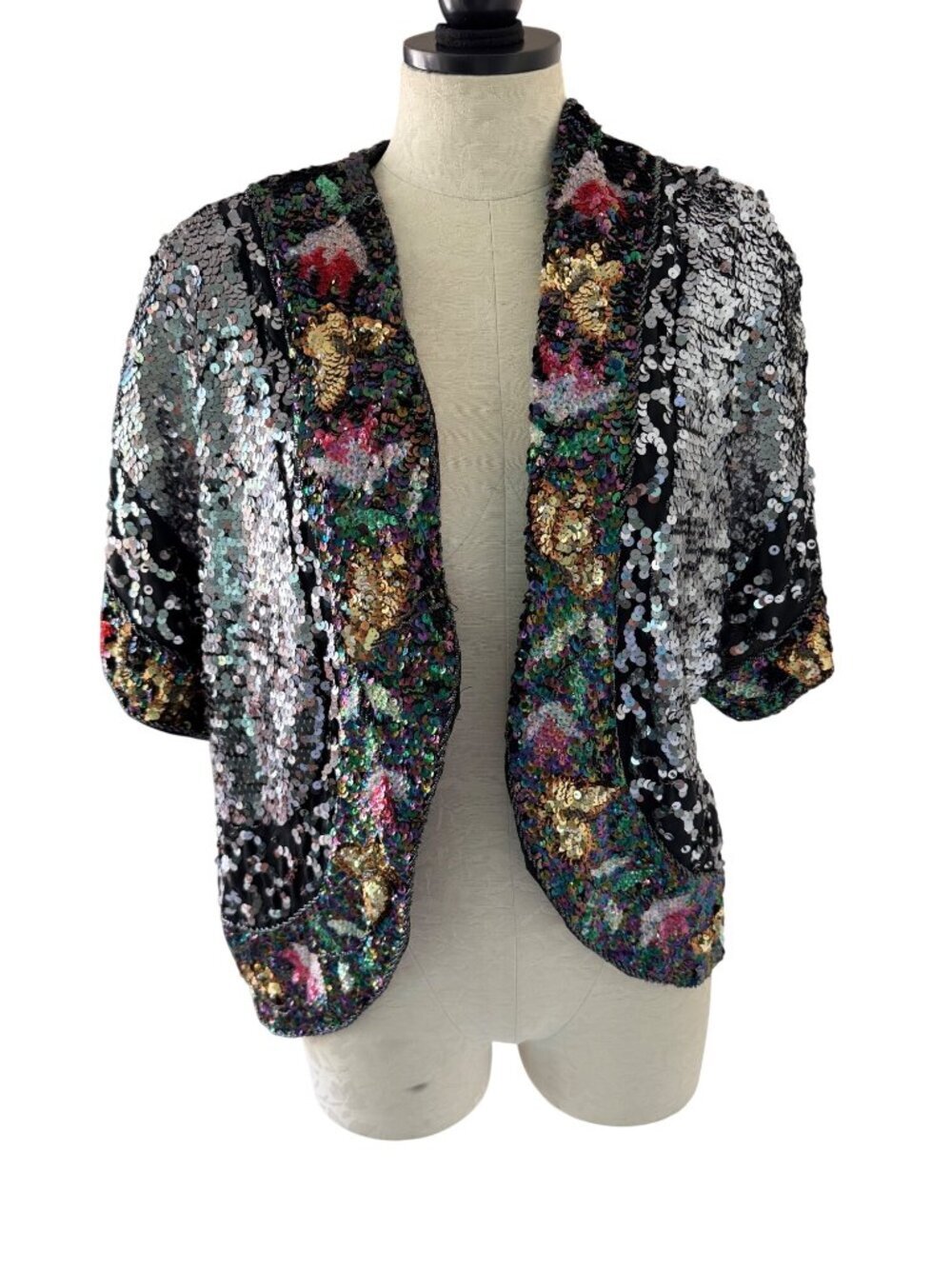 Isabelle Womens Sequined & Beaded Open Front Jacket Size L Floral Design Vintage